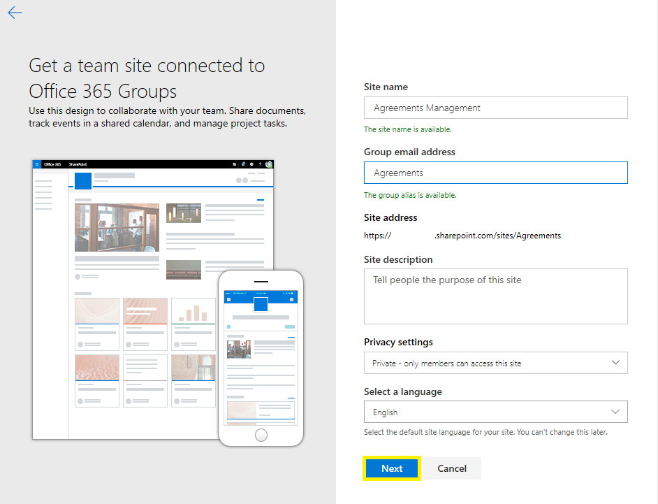 Site name and group email alias