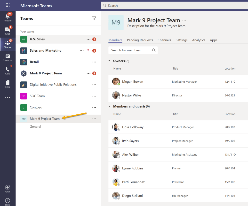 Teams with my new project team