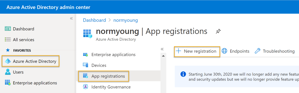 New app registration navigation