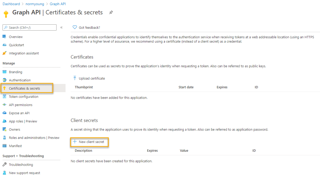 Certificates and secrets