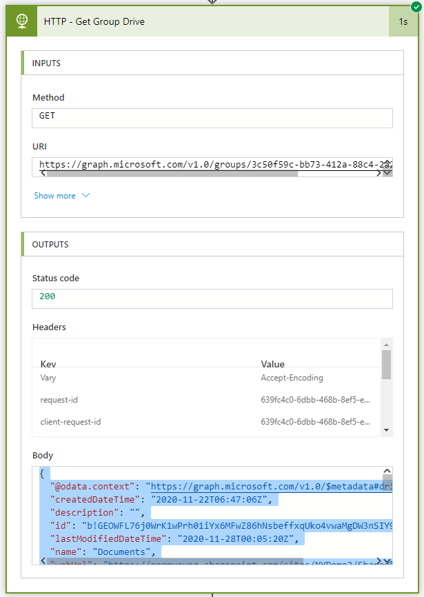 Output from the HTTP step