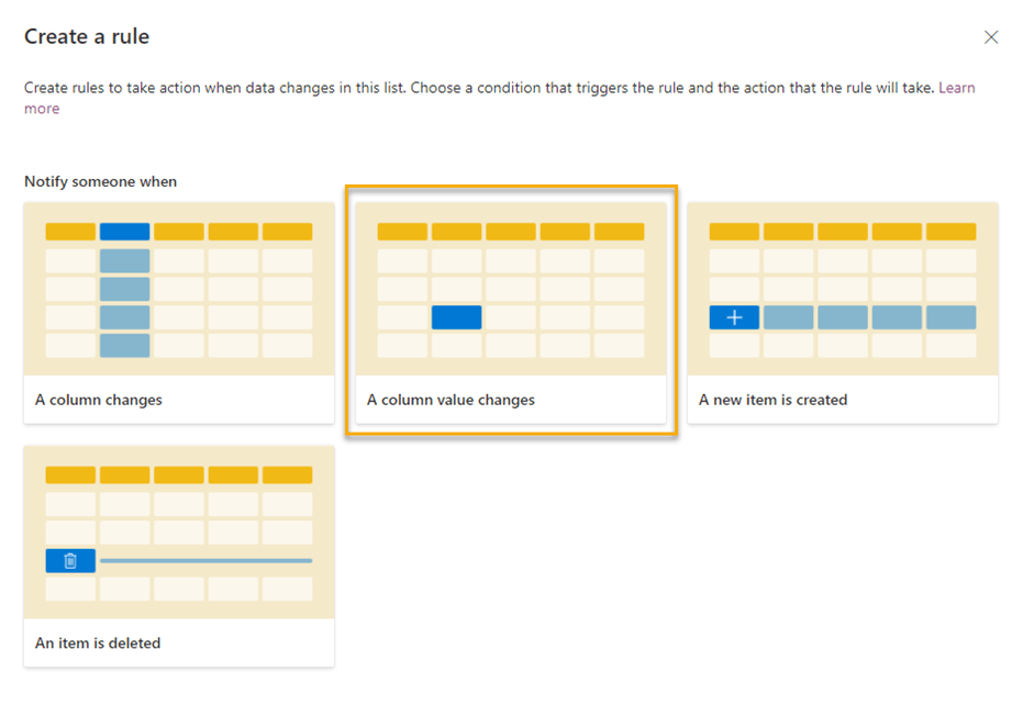 Create a rule screen with A column value changes