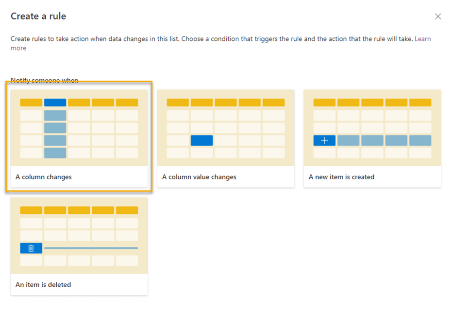 Create a rule screen with A column changes