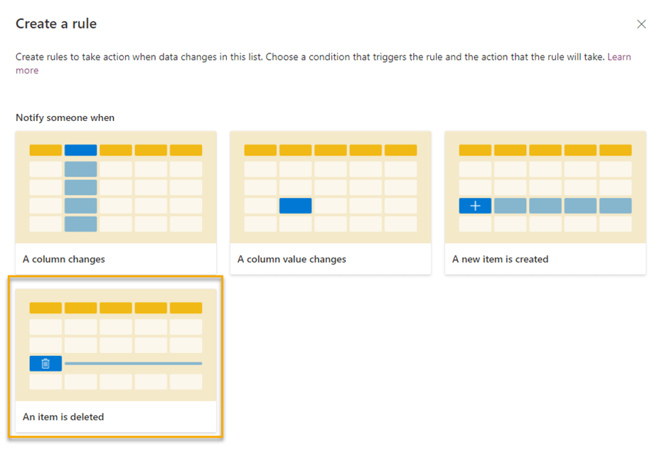 Create a rule screen with An item is deleted