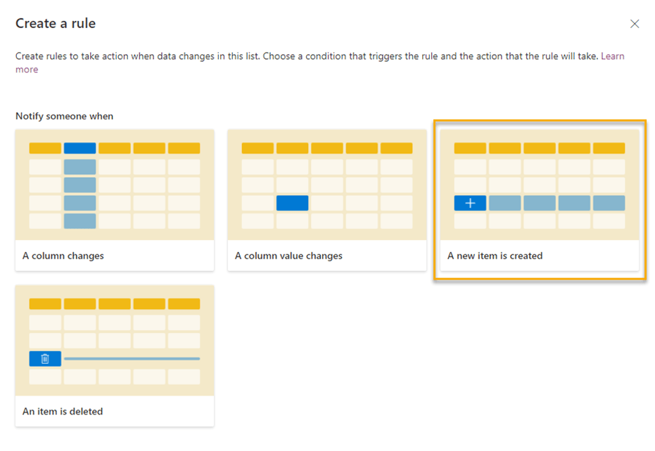 Create a rule screen with A new item is created selected