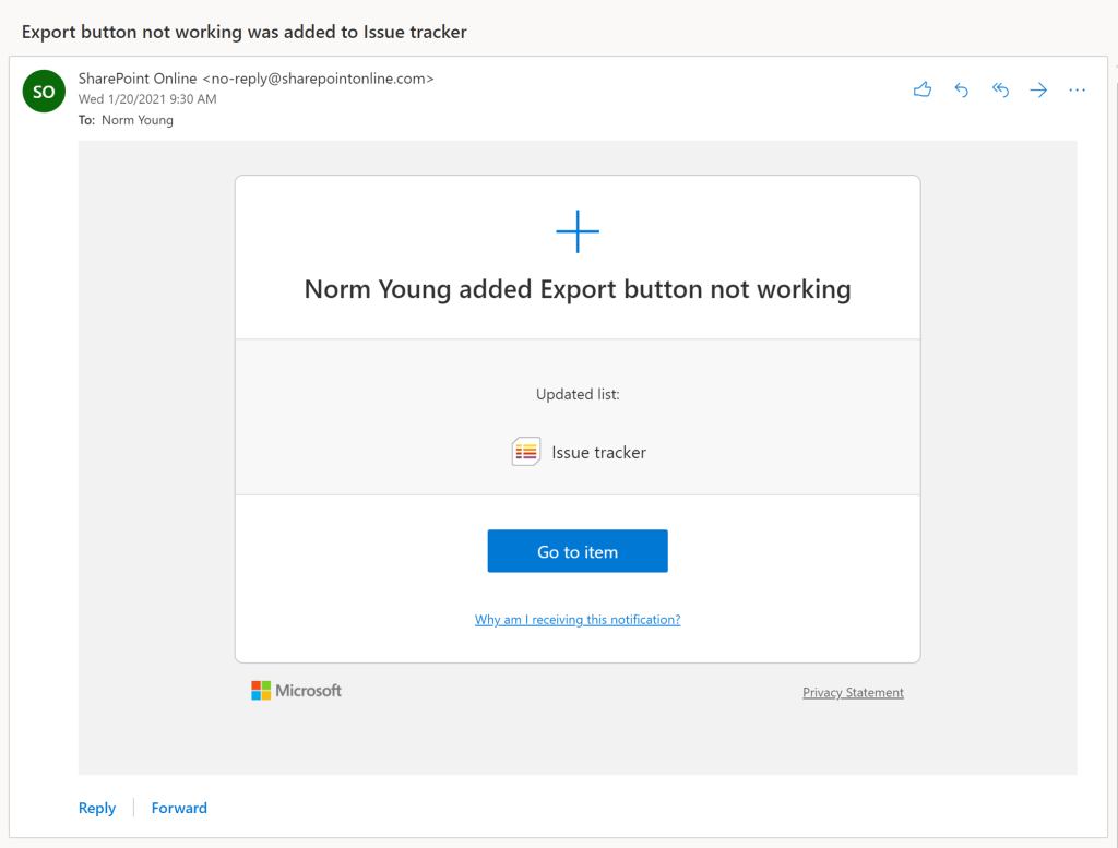 Rule email for A new item is created