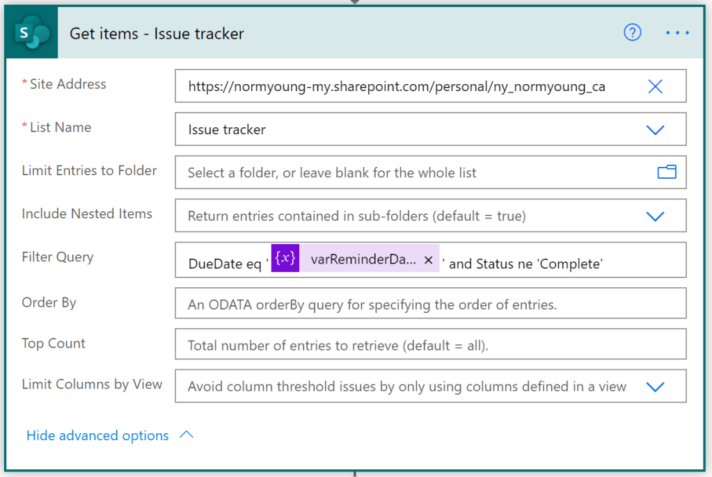SharePoint Get items action