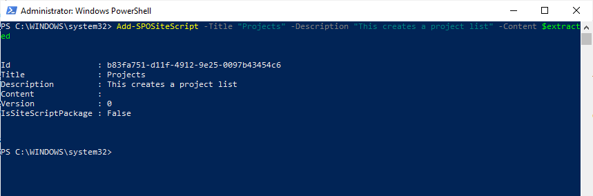 Add-SPOSiteScript cmdlet