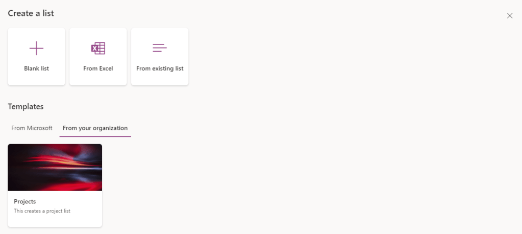 My List Template called Projects