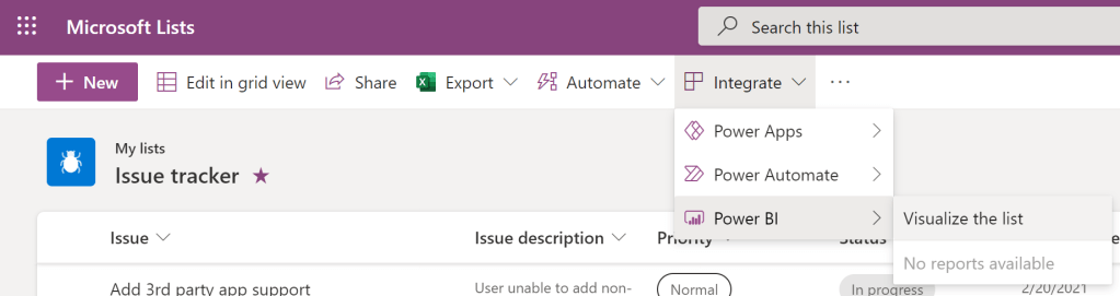 To create the auto-generate report, click Integrate > Power BI > and then select Visualize the list.