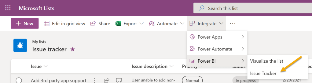 Integrate menu under Power BI.