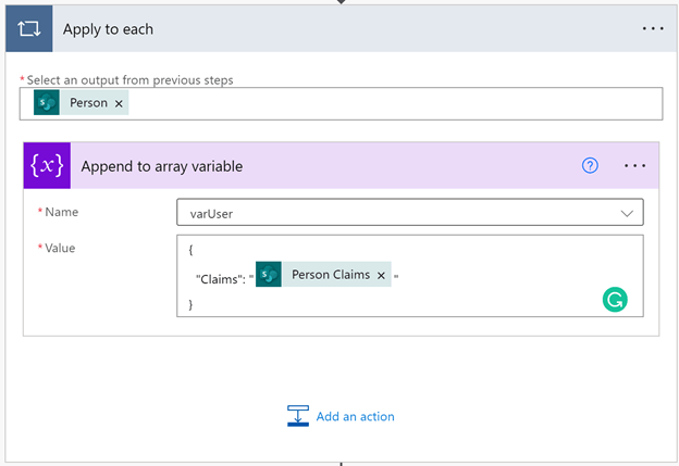 Apply to each and Append to array variable