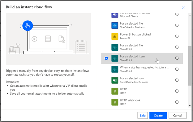 SharePoint For a select item