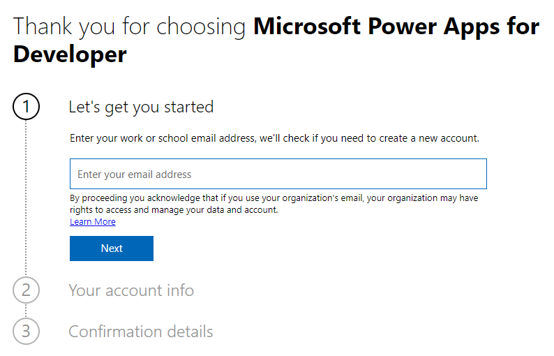 Enter your work or school email address and click Next. 