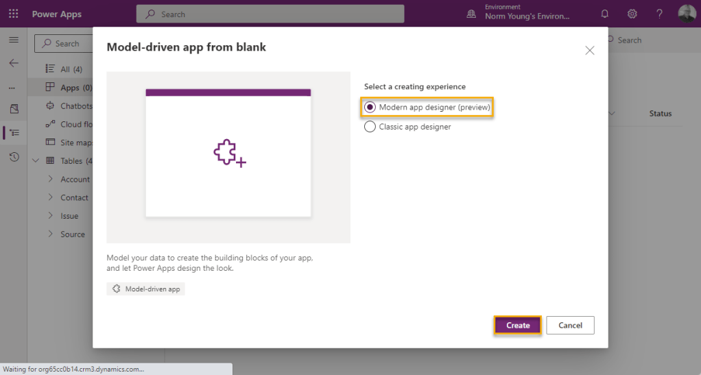 Select the Modern app designer (preview) experience and then click Create. 