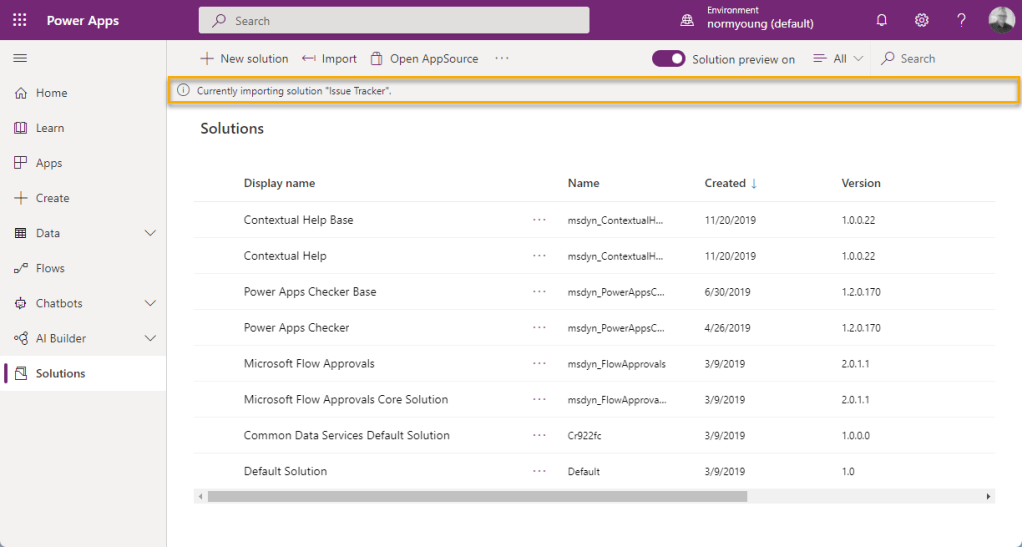 The import process can be viewed from the Solutions screen within PowerApps. Notice the grey banner near the top of the screen. It usually takes a few minutes for the import process to complete.