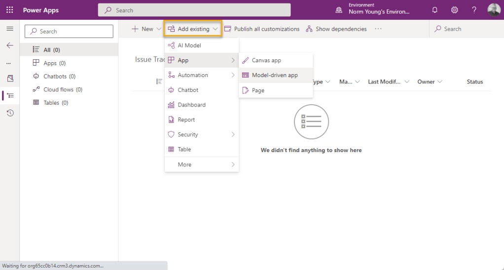 Clicking Add existing will allow us to import items that we previously created, or leverage items delivered as part of the Common Data Model (CDM)