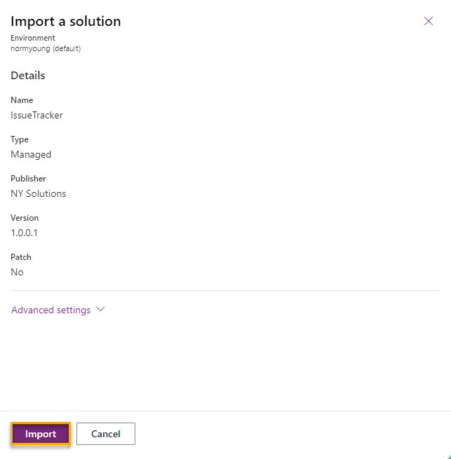 The Import a solution screen will confirm the details that we specified in the export (name, type, publisher, and version). Click Import to start the process. 