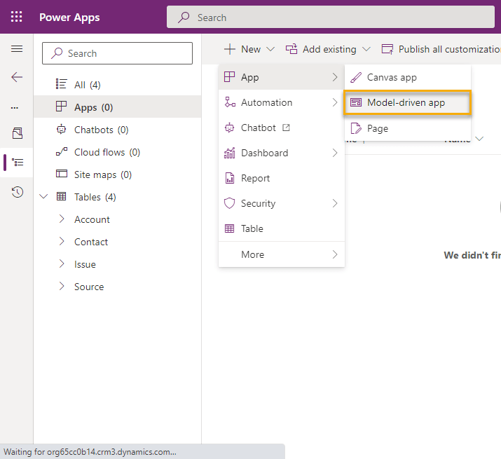 Now that our data-model is built we can create our model-driven app by clicking Apps, New, App, and then select Model-driven app.