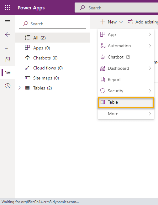 Create a new table called Source by clicking New and then clicking Table. 