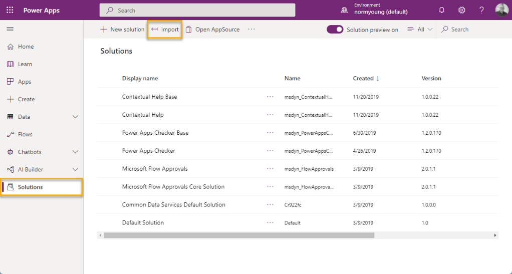 Select your destination environment in Power Apps, click Solutions, and then click Import. 