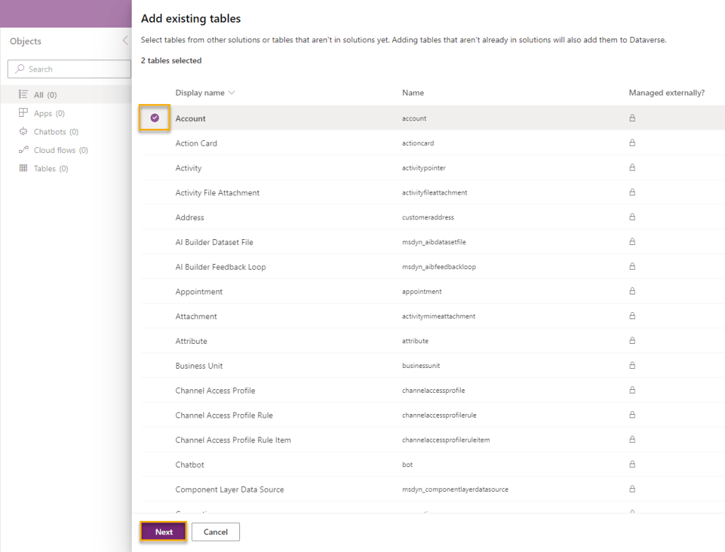 Add existing tables experience