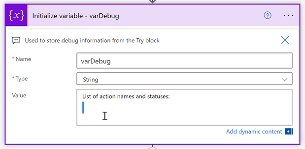 Initialize variable action