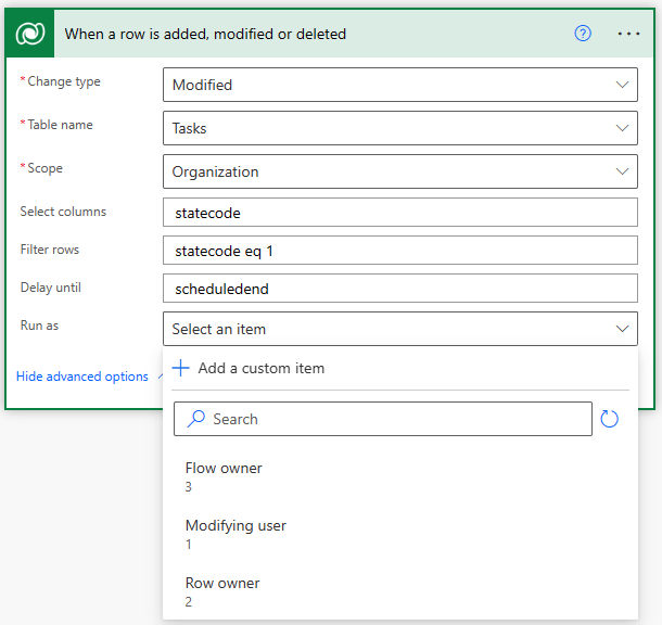 Run as sets the users context for the Flow connections during execution